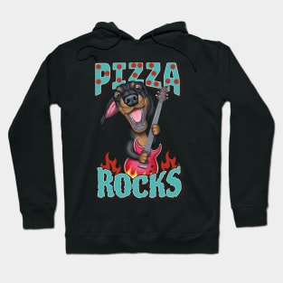 Fun Doxie Dog rocks on with guitar on Pizza Rocks tee Hoodie
